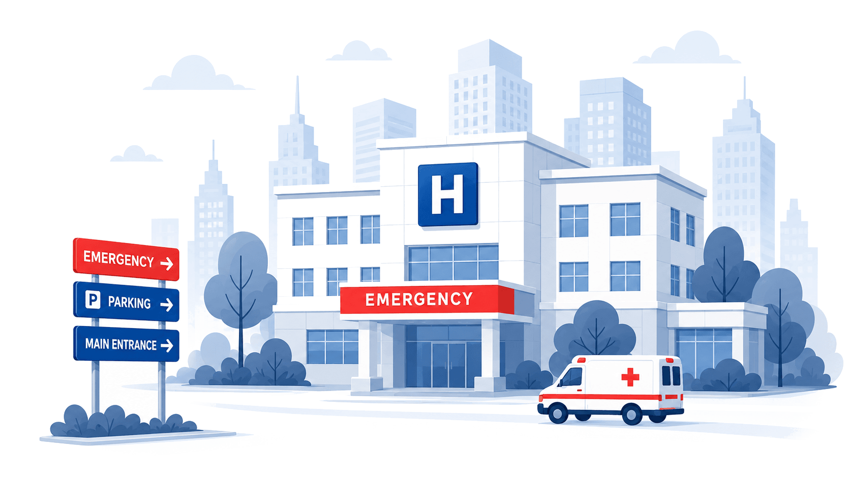 Illustration of a hospital with an emergency entrance, wayfinding signs, an ambulance, and a city skyline.